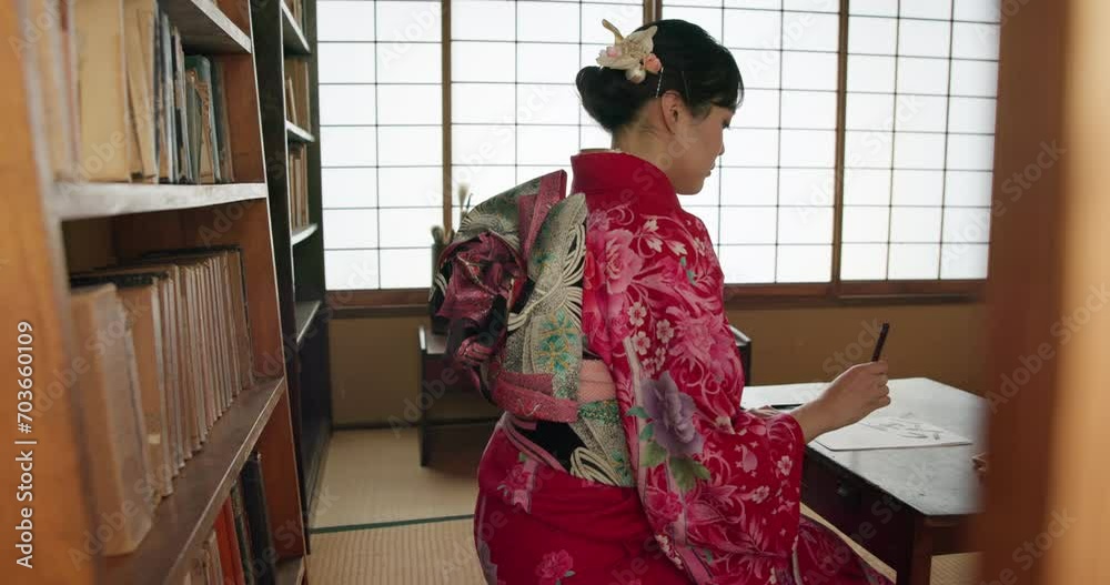 Japanese woman, ink and calligraphy for writing poetry, creativity or art with drawing in home. Girl, person or writer with pen, thinking and ideas with vision, paper and haiku for culture in Tokyo Japanese woman, ink and calligraphy for writing poetry, creativity or art with drawing in home. Girl, person or writer with pen, thinking and ideas with vision, paper and haiku for culture in Tokyo