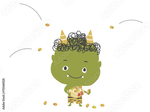 豆まきのイラスト　豆まきする緑色の鬼