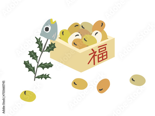 節分のイラスト（ヒイラギイワシと豆まきの豆。節分升に入った豆と魔除けのヒイラギイワシのイラスト）