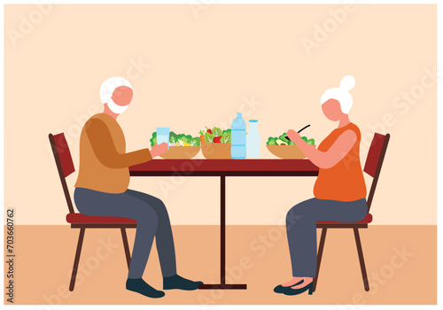 Healthy food for elderly couple concept, old man and woman eating healthy food, elderly care and  healthy aging vector illustration