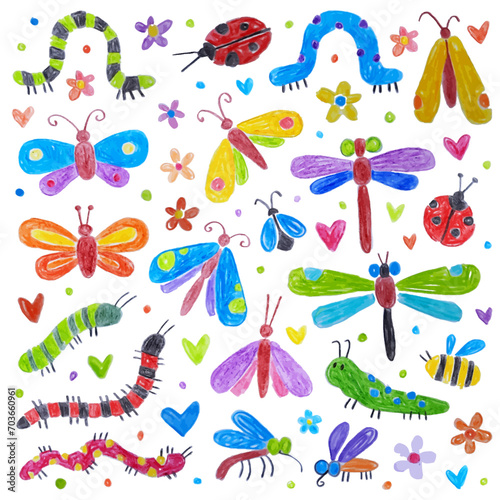 Doodle drawing by hand with colored pencils. Drawings with crayon. Insects, butterflies, dragonflies, beetles, ladybug, caterpillars, bees, mosquitoes, flies, flowers, hearts. 