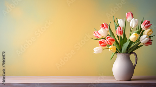 Bouquet of tulips in vase on yellow background  generative ai