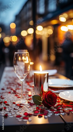 A candlelit dinner table with red roses white tablecloths  valentine   s Day  Valentines Date 