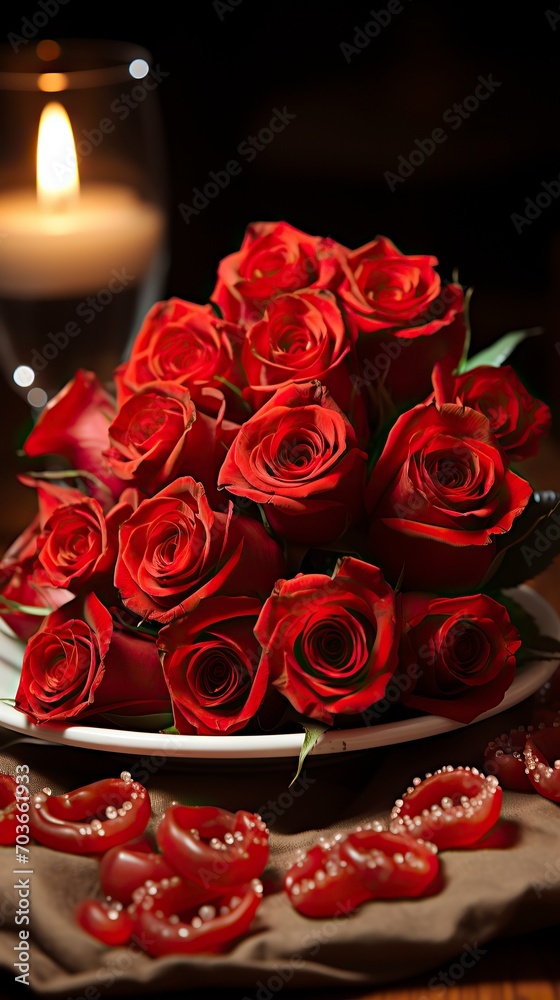 A candlelit dinner table with red roses white tablecloths, valentine’s Day, Valentines Date
