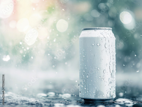 Blank white aluminum drink can in a fresh wet environment with water drops and bokeh background