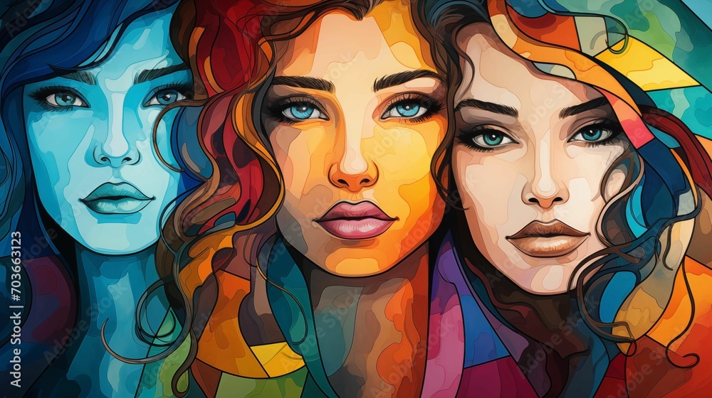 Fototapeta premium Three Digital Art Faces portraying Women Diversity. Generative AI