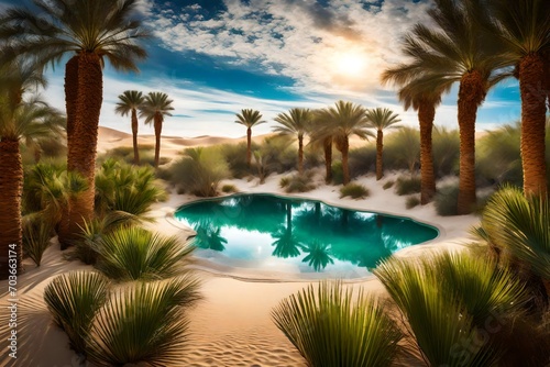secluded desert oasis framed by towering sand dunes, where emerald-green palm trees provide shade beside a shimmering pool of clear water.