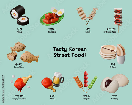 Collection of tasty street food in Korea, 3D rendering photo