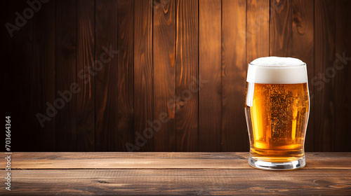 A glass of beer on wooden background with copy space, generative ai