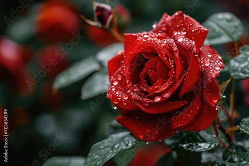 Close up of a rain-soaked  vibrant red rose.