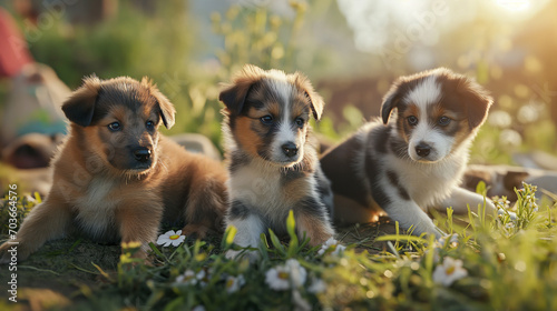 Litter of playful puppies in a garden, fluffy and cute