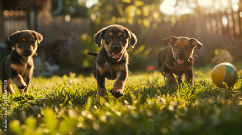 Puppies playing with a ball photo