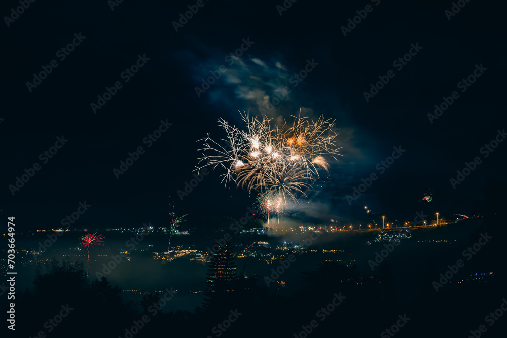 New Years Eve fireworks over village Khao Kho, Phetchabun, Thailand