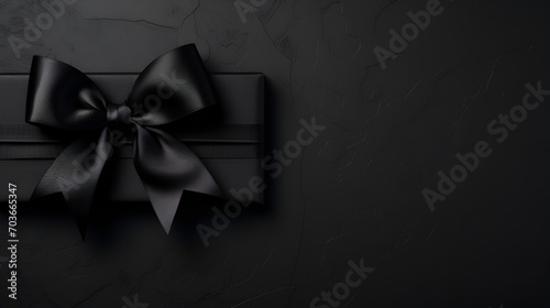 Decorative black gift box with black bow and long ribbon isolated on black background. Top view. Vector illustration. generative ai