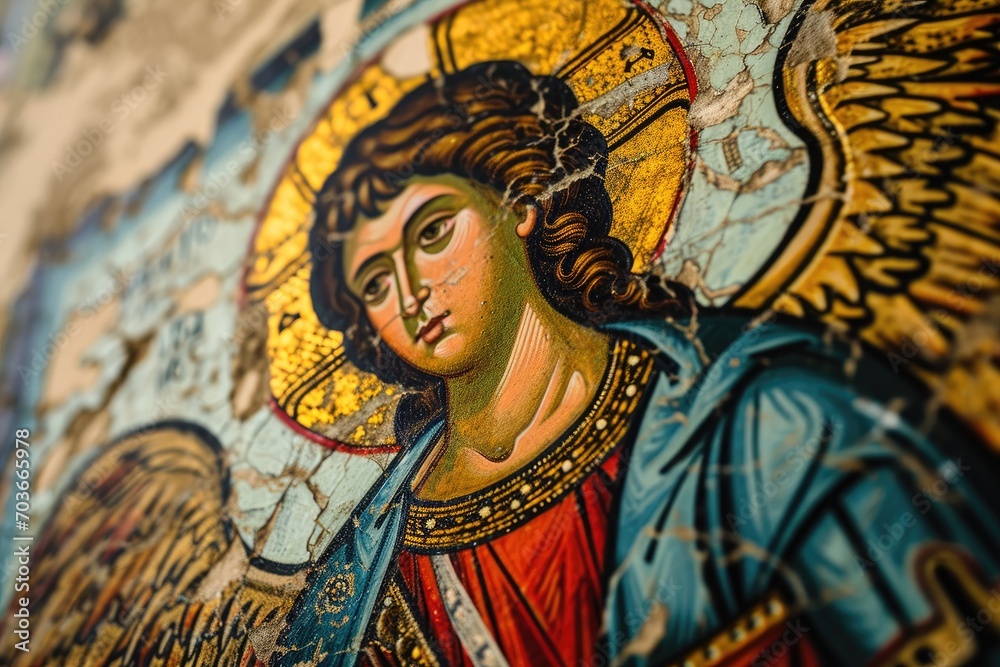 Close-up of a colorful religious icon depicting Saint Michael, focusing on the intricate details and symbolic colors.