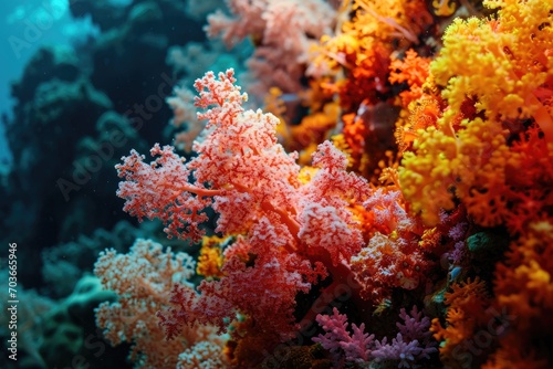 Close up of colorful coral and marine life underwater.