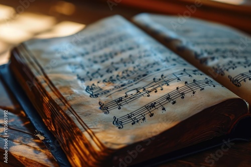Close-up of a prayer book open to a hymn, with a focus on the lyrics and musical notes, symbolizing communal worship photo