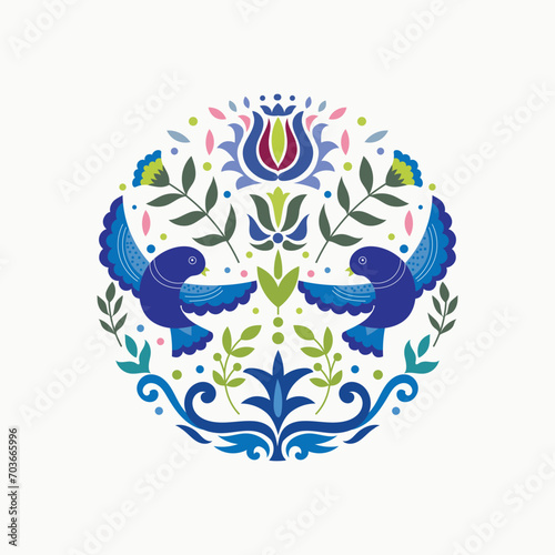 Scandianvian traditional folk art ornament vector design with flowers and birds