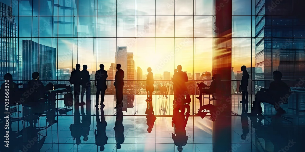 Obraz premium Silhouetted corporate connection. Diverse group of business professionals in city airport discussing and planning against backdrop of sunset. Urban dynamics. Team of walking through airport terminal