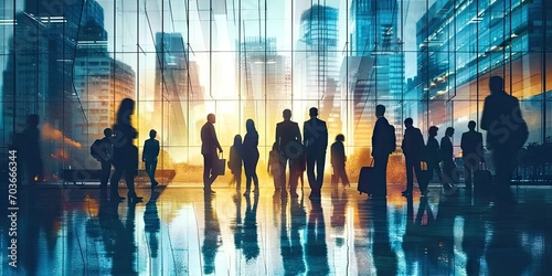 Silhouetted corporate connection. Diverse group of business professionals in city airport discussing and planning against backdrop of sunset. Urban dynamics. Team of walking through airport terminal