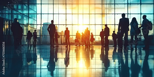 Silhouetted corporate connection. Diverse group of business professionals in city airport discussing and planning against backdrop of sunset. Urban dynamics. Team of walking through airport terminal