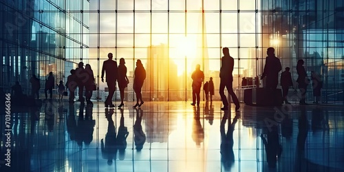 Silhouetted corporate connection. Diverse group of business professionals in city airport discussing and planning against backdrop of sunset. Urban dynamics. Team of walking through airport terminal