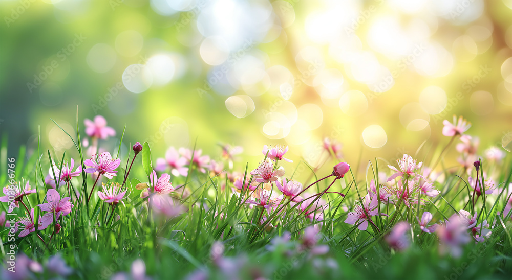 Spring glade in forest with flowering pink flowers in sunny day. Tranquil natural spring landscape with flowers. Blurred forest field background, soft focus.