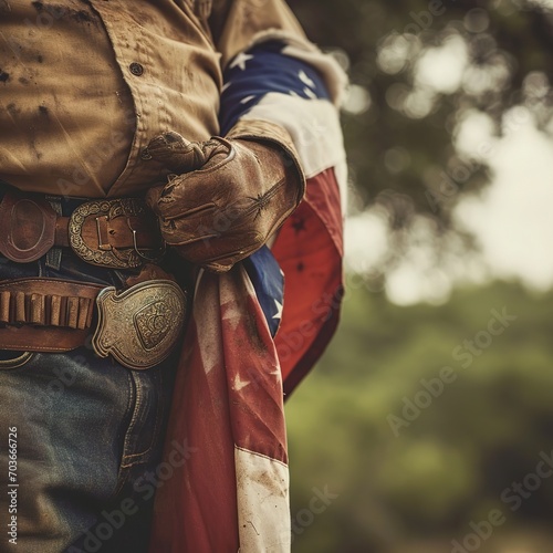 Closeup of a Texan cowboy hanging the Texas flag on his arm. 1800s American Wild West Clothing photo