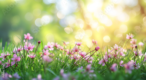 Spring glade in forest with flowering pink flowers in sunny day. Tranquil natural spring landscape with flowers. Blurred forest field background, soft focus. © Maksim