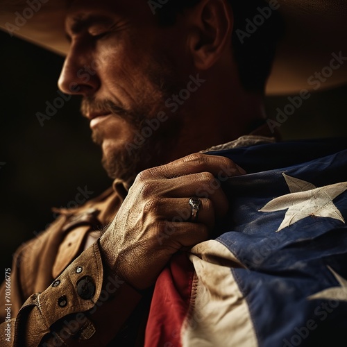 Closeup a texan cowboy clutching the texas flag to his chest. 1800s American Wild West Clothing. Non-existent person generated by ai photo