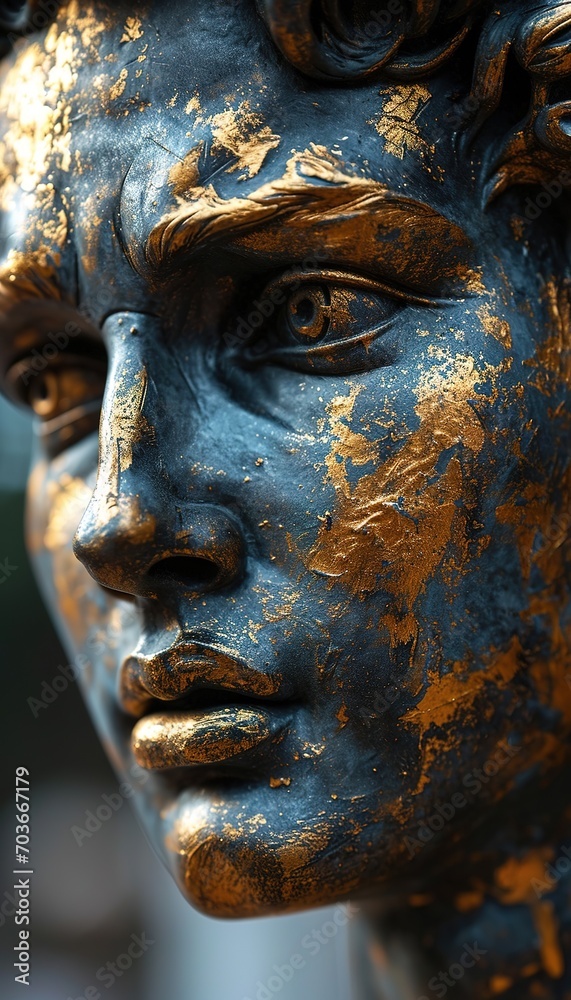 
Sculpture of Michelangelo's David, with his head smeared with fluid, viscous paint of bright gold and dark platinum. Abstract retro contemporary art