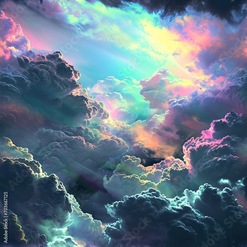 Assorted intensely iridescent opalescent rainbow-chrome-holographic storm clouds. Heaven, sky background