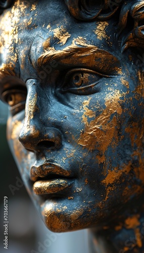  Sculpture of Michelangelo's David, with his head smeared with fluid, viscous paint of bright gold and dark platinum. Abstract retro contemporary art © Bettina