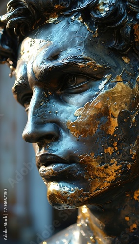  Sculpture of Michelangelo's David, with his head smeared with fluid, viscous paint of bright gold and dark platinum. Abstract retro contemporary art