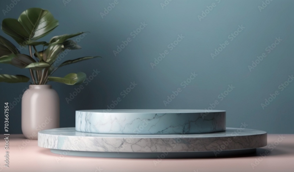 Empty white marble podium on pastel blue color background, Product Stand. 3D Rendering from AI Generative Empty white marble podium on pastel blue color background, Product Stand. 3D Rendering from AI Generative
