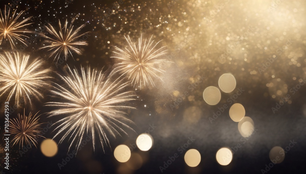 Abstract festive dark and gold background with fireworks, stars and bokeh. Holidays celebrations.