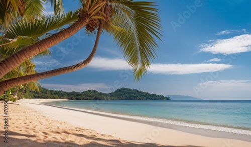 Tropical summer sand beach and palm on sea sky background  copy space. Summer vacation and travel concept from AI Generative