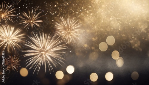 Abstract festive dark and gold background with fireworks, stars and bokeh. Holidays celebrations.