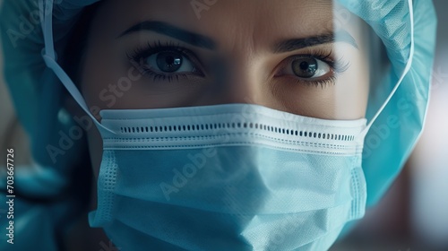 Emotion and expression hidden behind protective equipment. Closeup of looks of doctor or nurse with mask, confidence and compassion in their eyes. Health worker photo