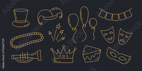 Mardi Gras Doodle Set. Editable Stroke Festive Design Elements Collection. Carnival Outline Harlequin Hat, Crown, Mask, Balloons.