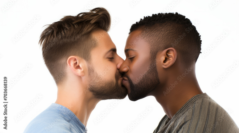 Handsome homosexual gay couple kissing , two men same gender love , close to each other side view isolated on white background Handsome homosexual gay couple kissing , two men same gender love , close to each other side view isolated on white background