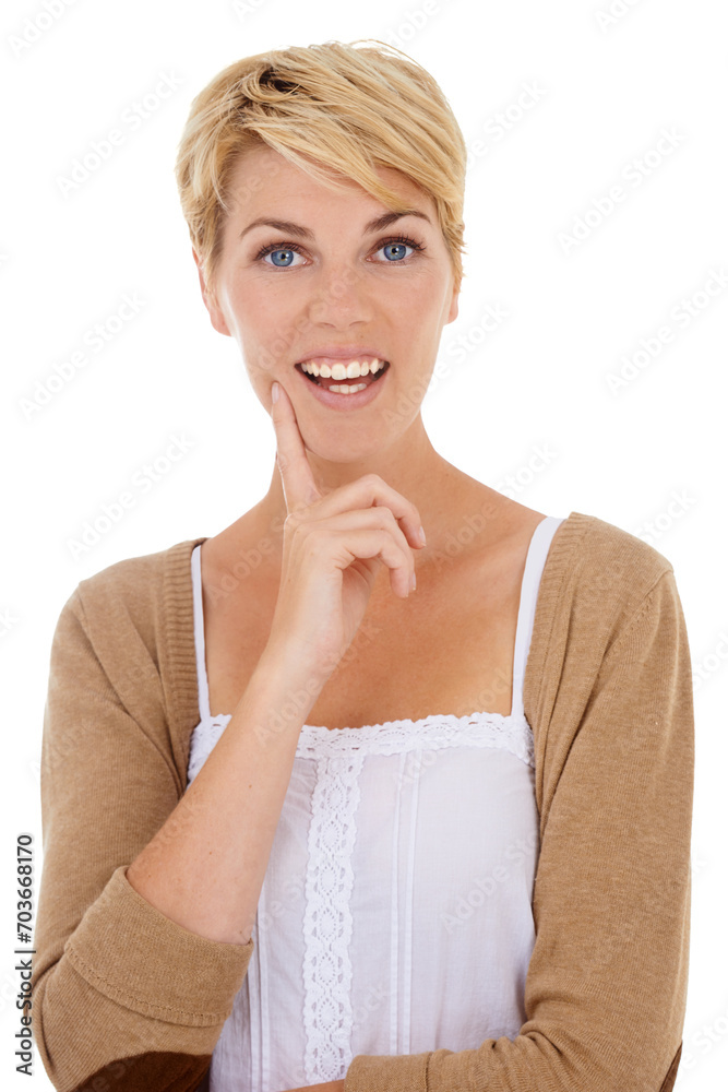 Happy woman, face and thinking with idea for decision or option isolated on a white studio background. Young female person, model or blonde in wonder or thought for mindset or selection on mockup Happy woman, face and thinking with idea for decision or option isolated on a white studio background. Young female person, model or blonde in wonder or thought for mindset or selection on mockup