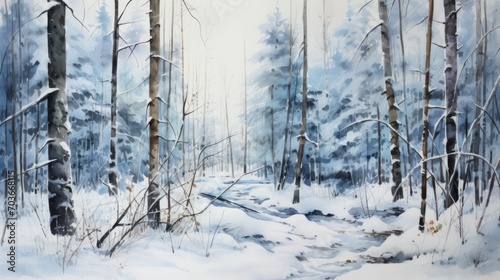 Generative AI A breathtaking, snow-covered forest in winter. landscape watercolor © vadosloginov