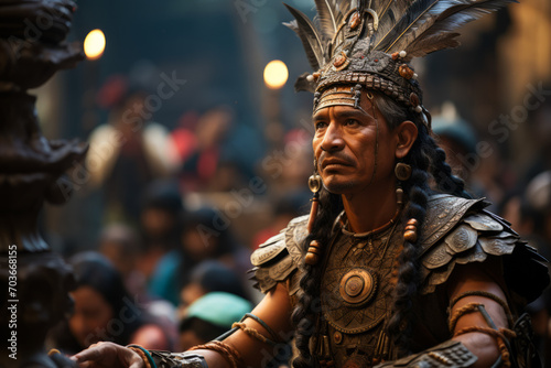 Portrait of a Man dressed like Moctezuma the historic aztec general