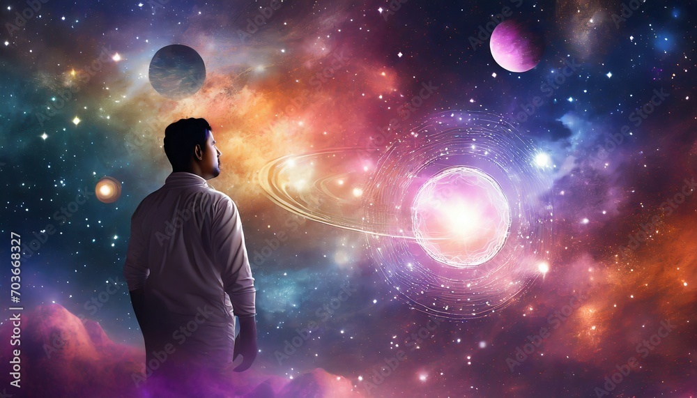 Abstract colorful cosmos background with a person. Planets and galaxies, sky and stars in universea. Abstract colorful cosmos background with a person. Planets and galaxies, sky and stars in universea.