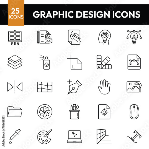 Design Tools Vector Thin Line Icons Set. Graphic Design Tools, Painting, Sketching Accessories Linear Pictograms. Drawing Equipment, Brushes, Pencils, Image Editing Instruments Contour Illustrations