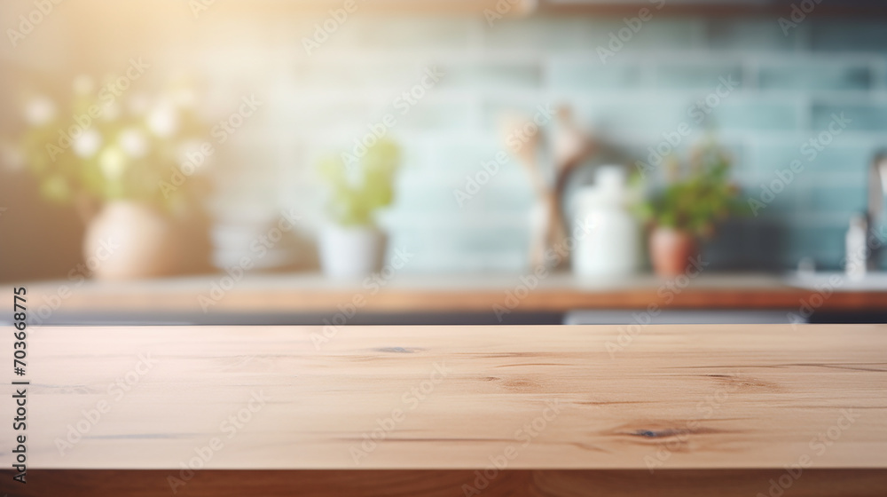 empty table top over defocused kitchen in sunlight with copy space empty table top over defocused kitchen in sunlight with copy space
