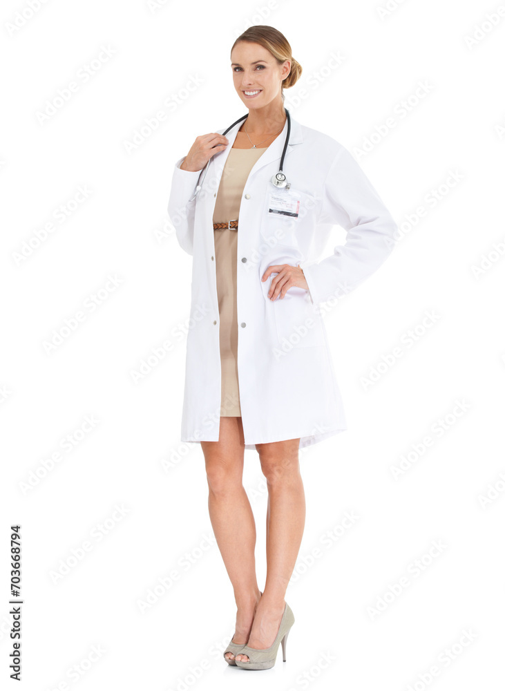 Doctor, happy woman or portrait in studio with pride or confidence in medical career as cardiologist. Full body, coat or medicine consultant with smile or healthcare isolated on white background Doctor, happy woman or portrait in studio with pride or confidence in medical career as cardiologist. Full body, coat or medicine consultant with smile or healthcare isolated on white background
