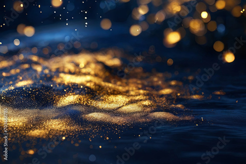Shimmering gold festive backdrop. Twinkling lights, bokeh effect on deep navy blue. Smooth, shiny gold foil texture for elegant designs.