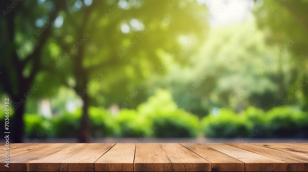 empty wood table top and blurred green tree in the park empty wood table top and blurred green tree in the park
